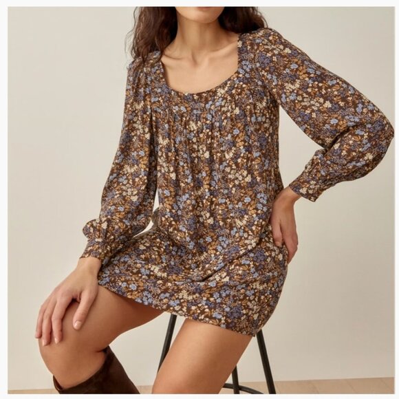 Reformation Blake Mini Dress – Brown Blue Floral, Size M - Picture 2 of 8